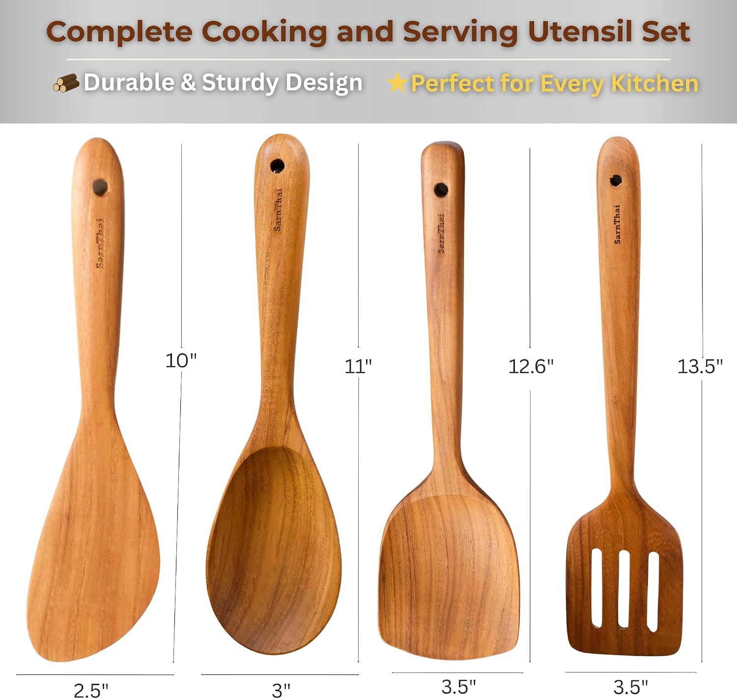 SarnThai Premium Teak Kitchen Utensil Set – 4-Piece Handmade Wooden Spatulas & Spoon for Cooking, Natural Teak Wood Tools Safe for Nonstick Pans, Eco-Friendly Thai Handmade Utensil Set