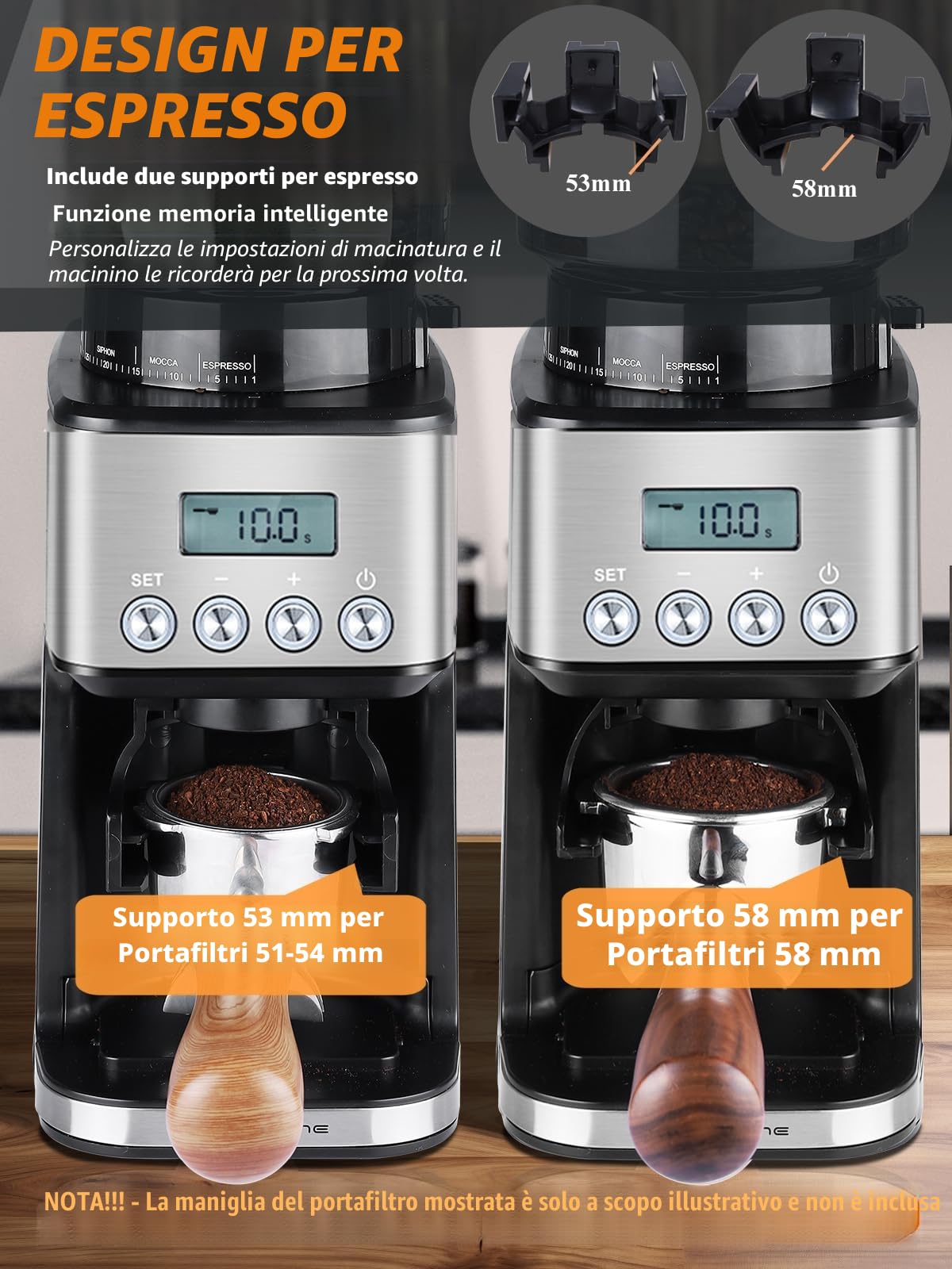 Homtone Macinacaffè Elettrico con 51 Livelli di Macinatura Regolabili, Macine Coniche in Acciaio Inox, Tecnologia Antistatica, per Espresso, Caffè Filtro e French Press, 160W (Argento)