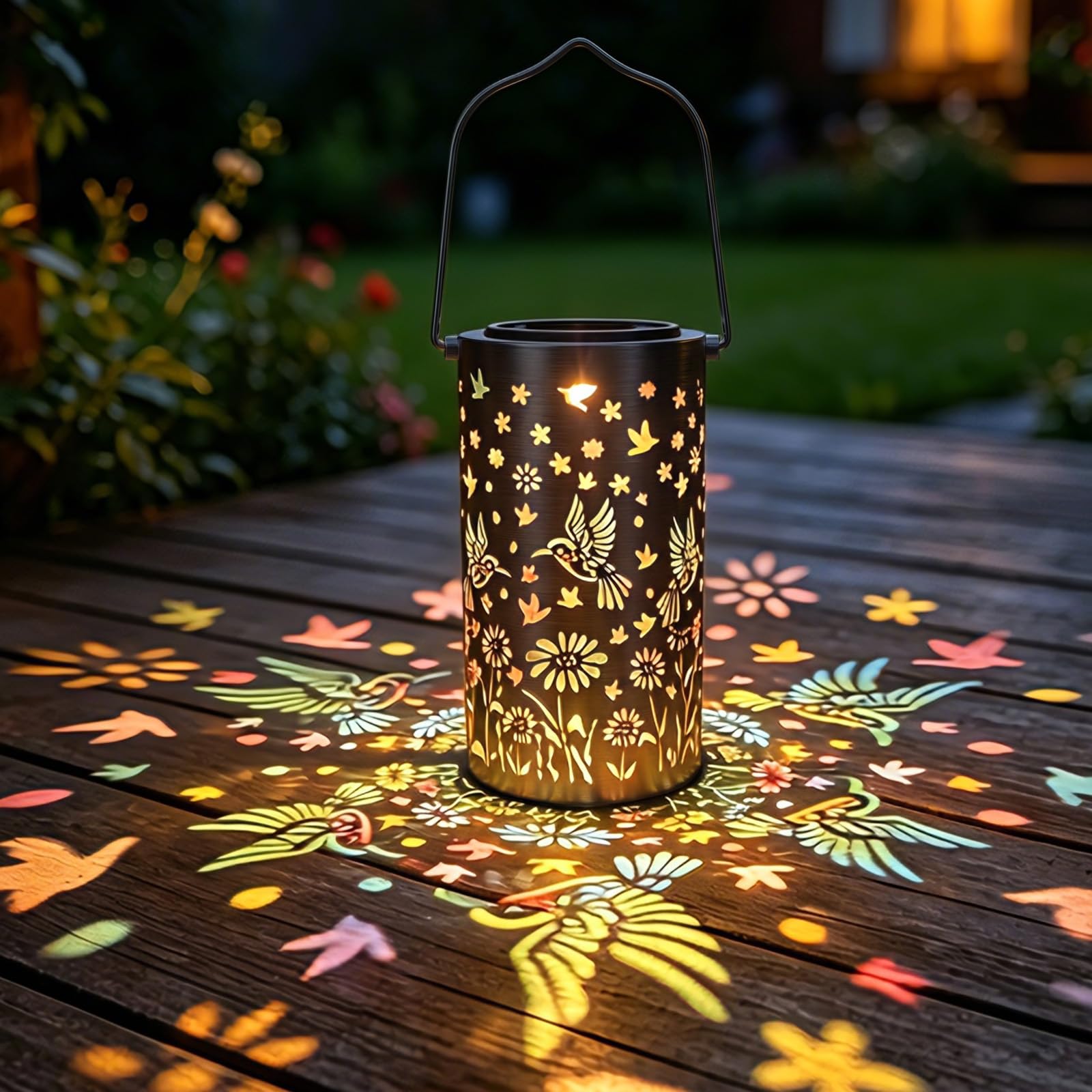 Colorful Solar Lanterns for Outside, Hanging Solar Lights with Hummingbird, Waterproof Metal Garden Ornaments Outdoor, Birthday Gifts for Women Mom, Garden Decoration Outside for Yard, Patio, Backyard