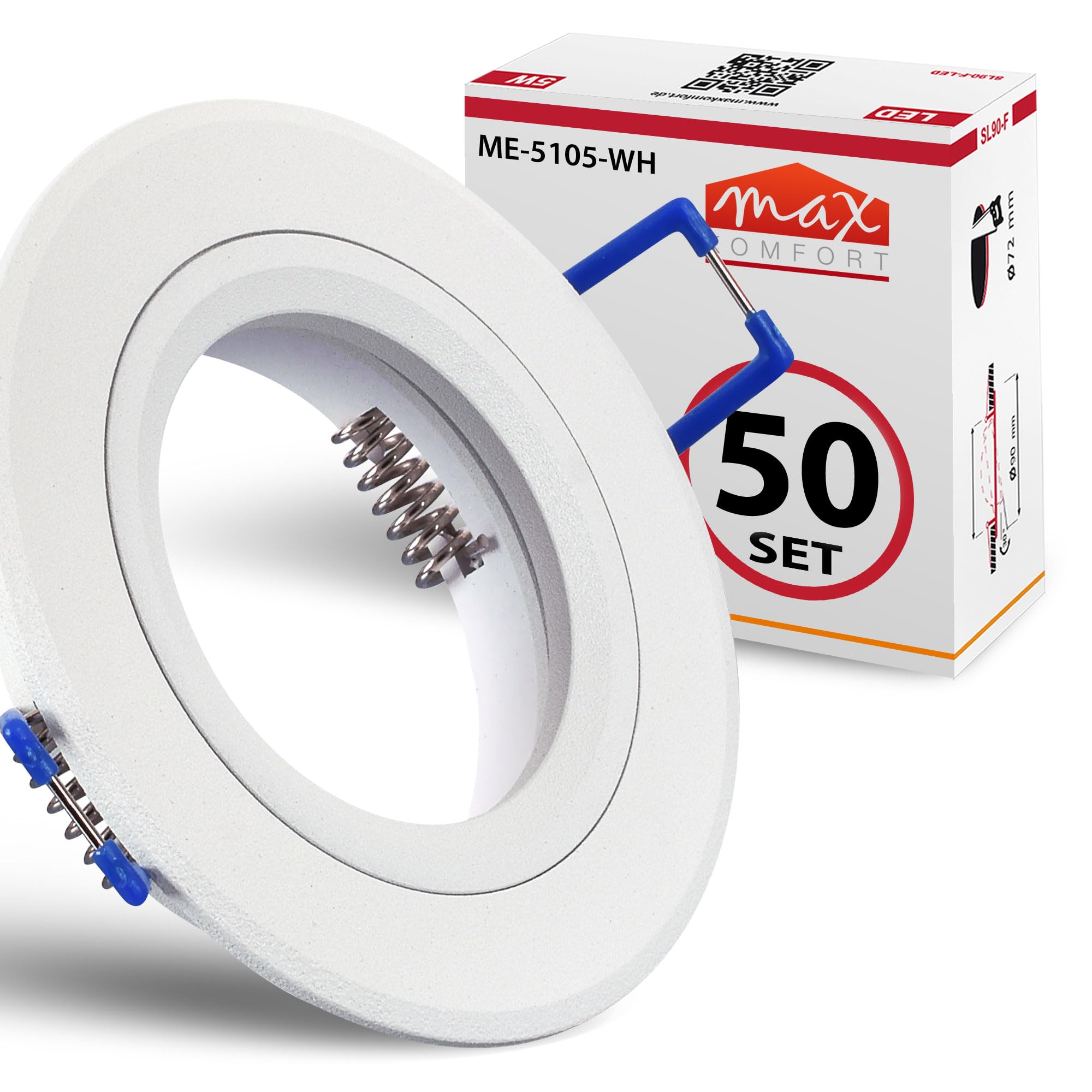 50x Hochwertiger Einbaustrahler weiß für MR16 LED leuchtmittel + GU10 Fassung 230V rund Einbauleuchte Einbauspot Rahmen Rostfrei Deckenspot Strahler Spot 5105-WH