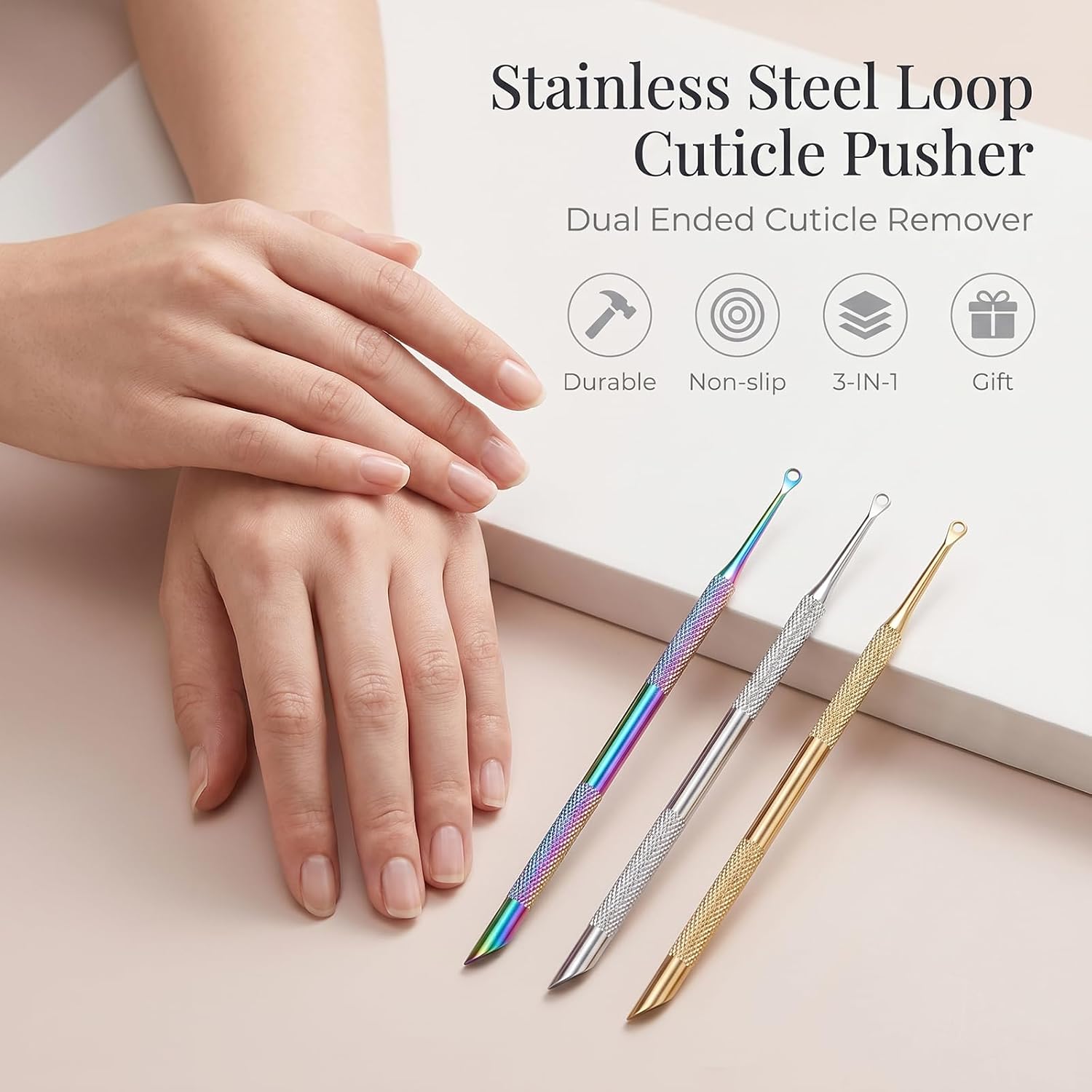 Gjinxi 3pcs Dual Ended Loop Cuticle Remover Pre-treatment Pusher Stainless Steel Removing Nail Dirt Cleaner Care Tool for Women Salon Home Use Manicure Pedicure Nail Art Fingernails Toenails