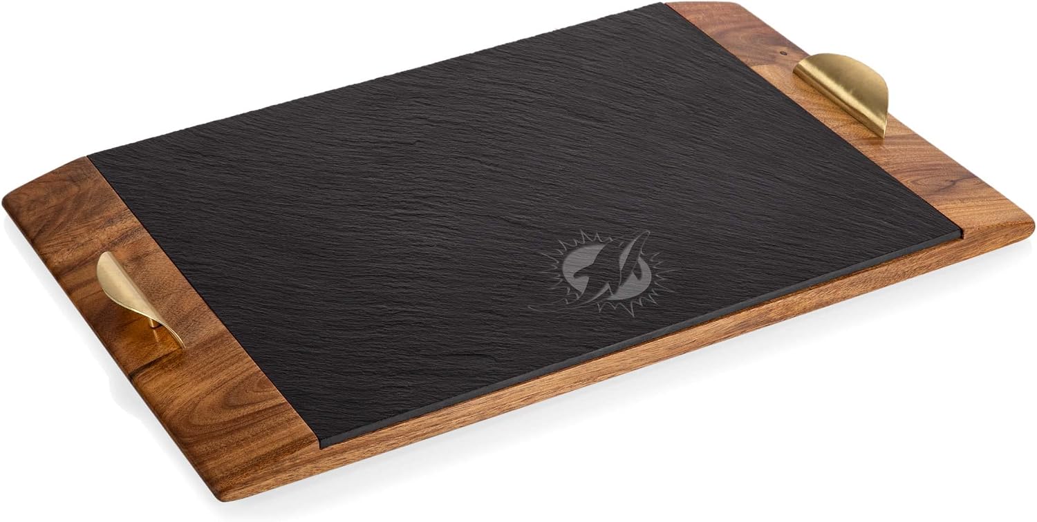 PICNIC TIME NFL Covina - Acacia and Slate Serving Tray, (Acacia Wood & Slate Black with Gold Accents), (Acacia Wood & Slate Black with Gold Accents)