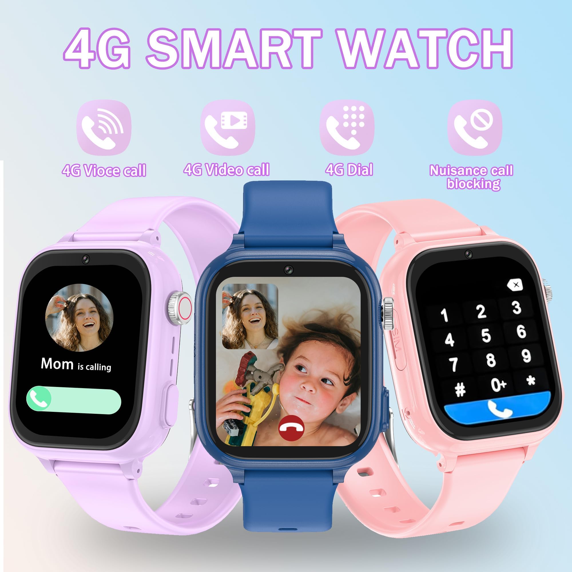 Reloj GPS Inteligente Niños 4G, Llamadas de Video y Telefono,SOS,SMS,Face ID,App Store,Varios Fondos de Pantalla,WIFI,Smartwatch Niños con Localización en Tiempo Real y Modo Escolar de Regalo Infantil