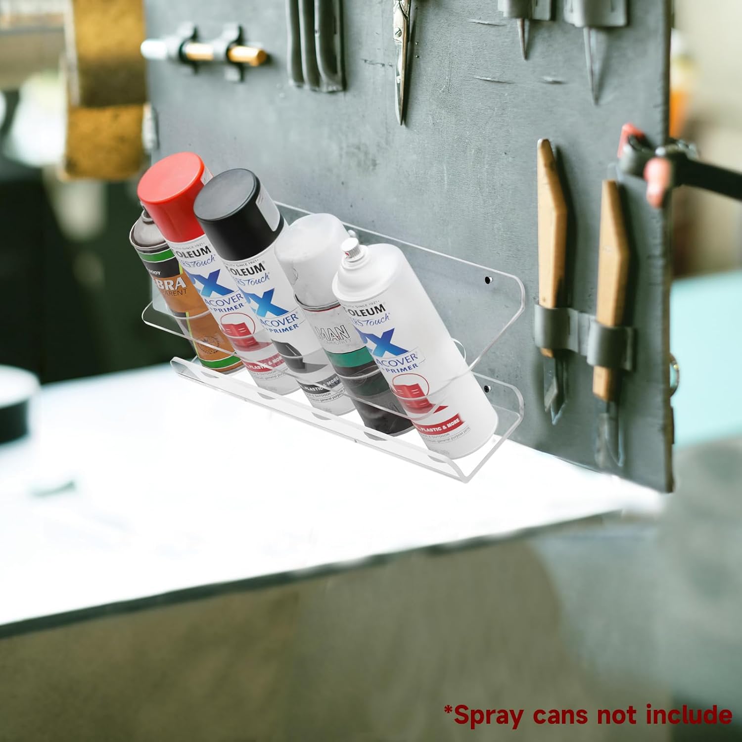 Acrylic Spray Can Holder Rack, Tilt Wall Mount Spray Paint Storage, 5 Can Spray Bottle Holder for Garage and Workspace, Spray NOT Include (Clear)