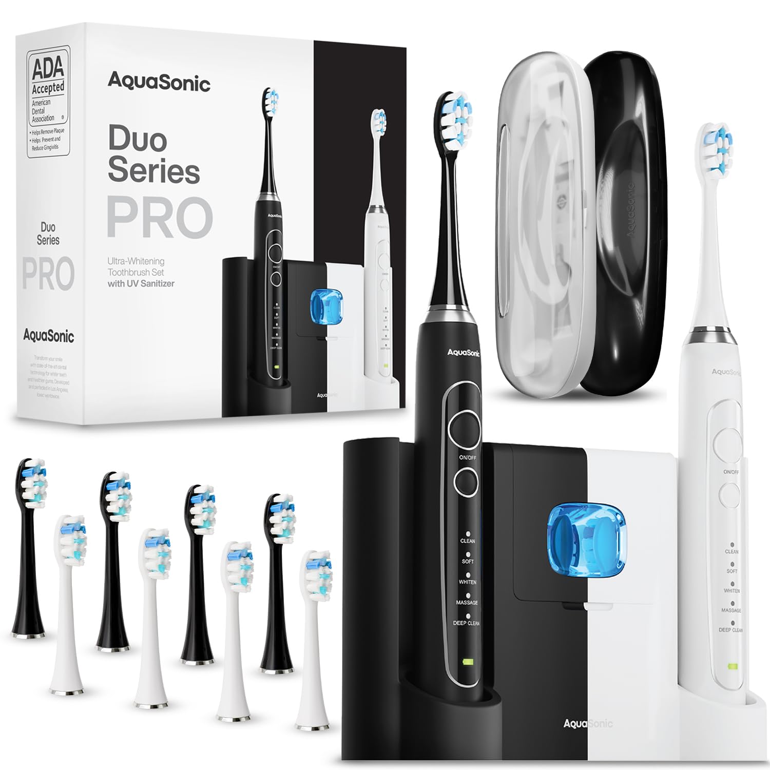 Aquasonic - Duo Series PRO UV | ADA akzeptierte elektrische Zahnbürste mit UV-Sanitizer - Induktive Ladestation, 5 Modi mit Smart Timern, 10 Proflex Bürstenköpfe & 2 Reiseetuis