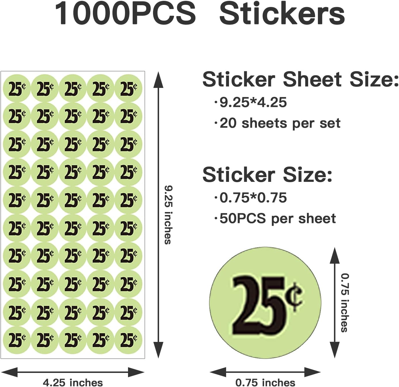 DUGUTUL 1000 pcs 25 Cent Color-Coded Price Stickers for Garage Sale and Flea Market, 3/4" Diameter - Bold Fonts, Clear Visibility, High Visibility, Easy Organization