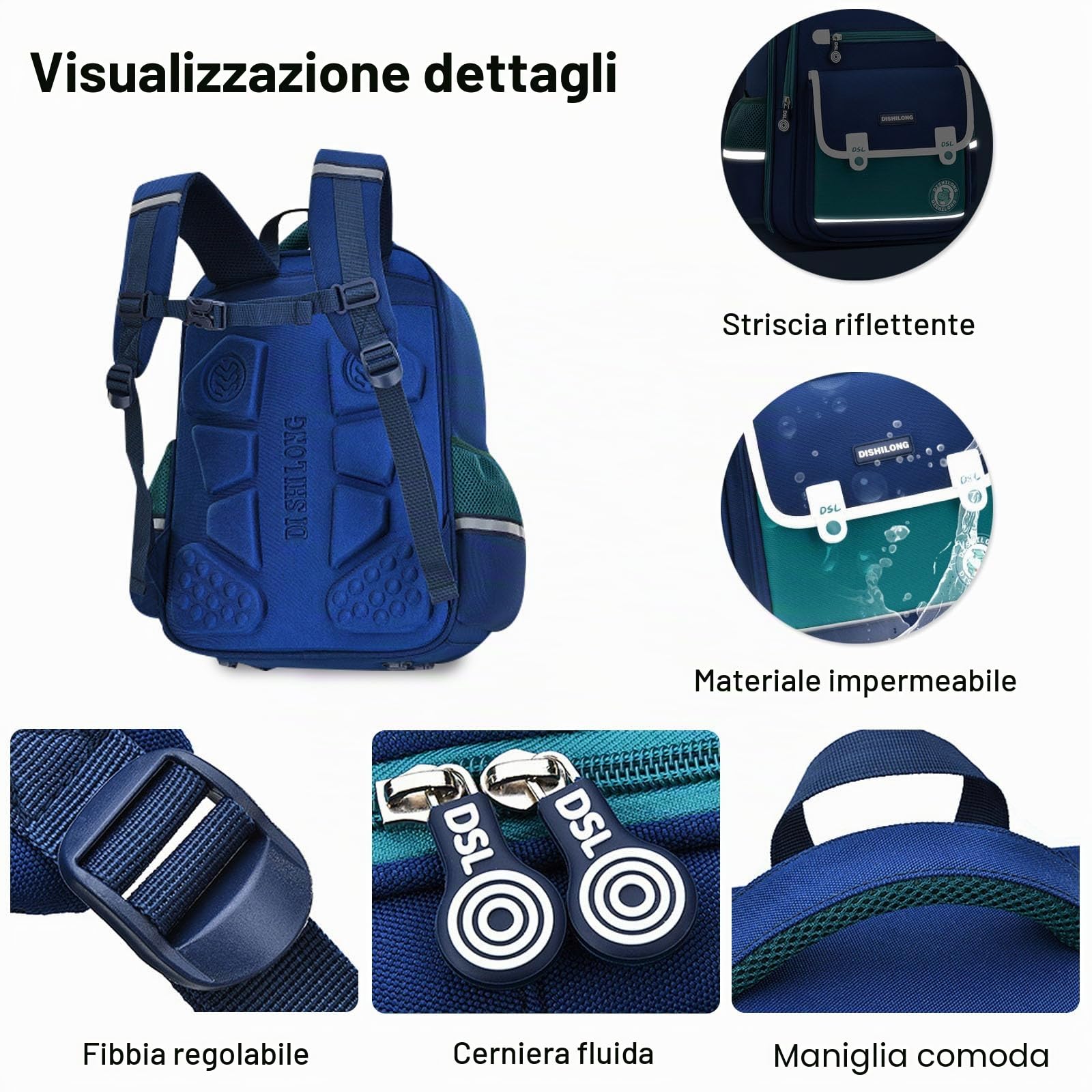 FANDARE Zaino per bambini Zaini Casual Zaini Cartelle Zaino Scuola per grado 4-9 Borse Elementare Zaino Ragazze Ragazzi Zainetto per Studenti Primarie Viaggiare Uomo Donna Zainetto Blu verde L