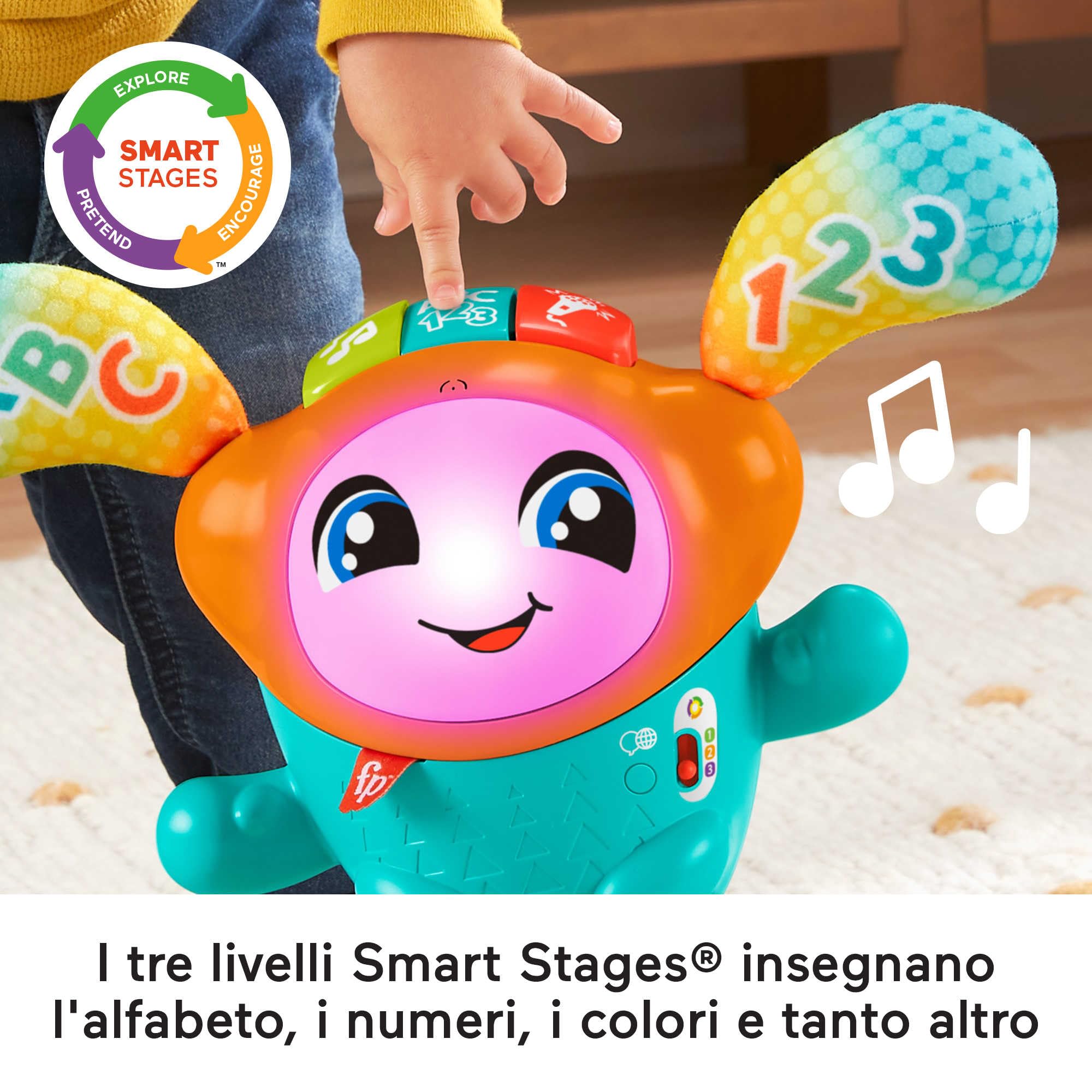 Fisher-Price - DJ Nino Salterino, edizione ITALIANO,SP, PORT, giocattolo musicale interattivo ed educativo con luci e azione saltellante, Giocattolo per Bambini 9-36 Mesi, HJP91