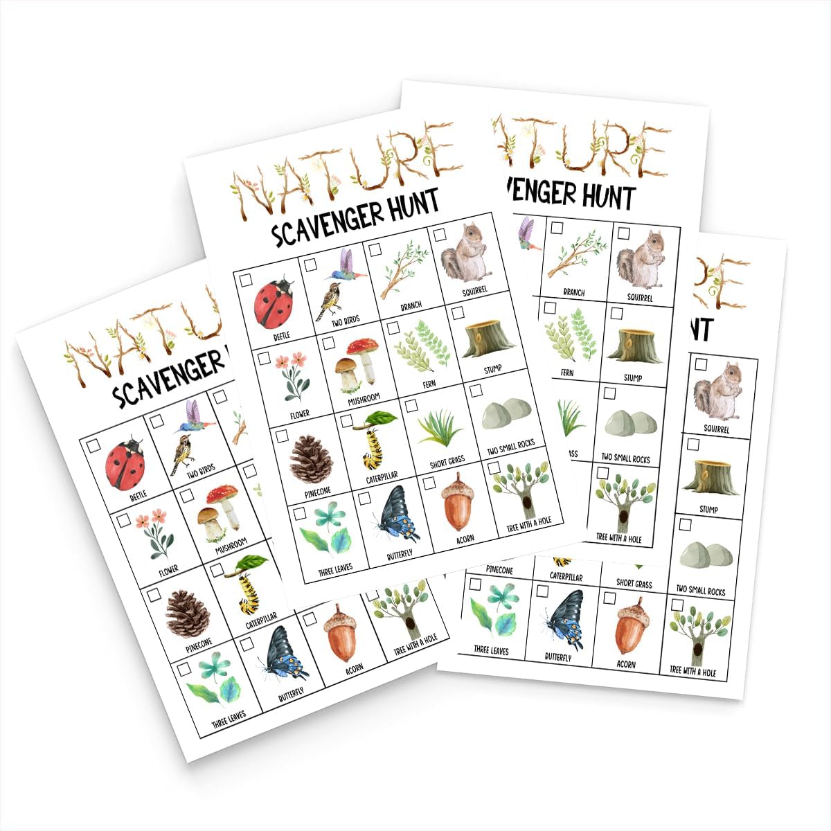 Nature Scavenger Hunt Games for Kids, Toddler Scavenger Hunt Cards, Scavenger Hunt for Adults, Hiking Camping Birthday Treasure Hunt Game, 25 Cards (A03), White