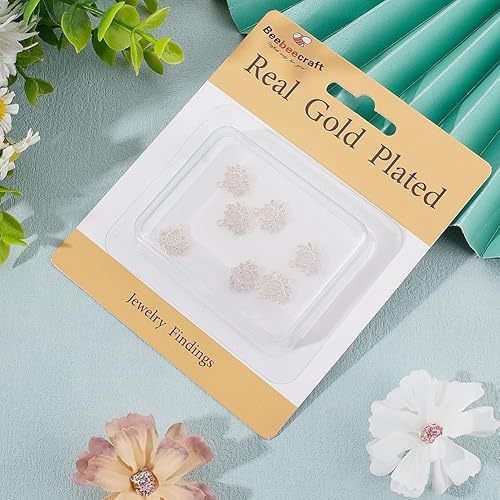 Miniatura 6 de Beebeecraft 1 caja de 8 dijes de flor de loto chapados en oro de 18 quilates de latón con circonita cúbica plana redonda con anillo de salto para