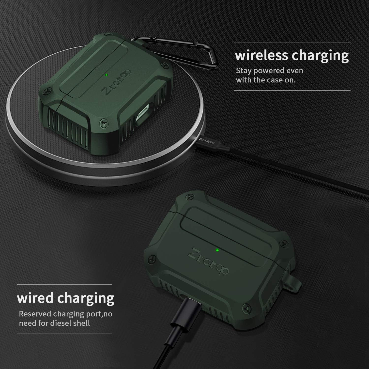 Ztotop Case for AirPods Pro 2019, Designed with Full Tough Silicone+Shock-Resistant Protective Cover, Front LED Visible, Durable Armor Case with Smooth Skin - Dark Green