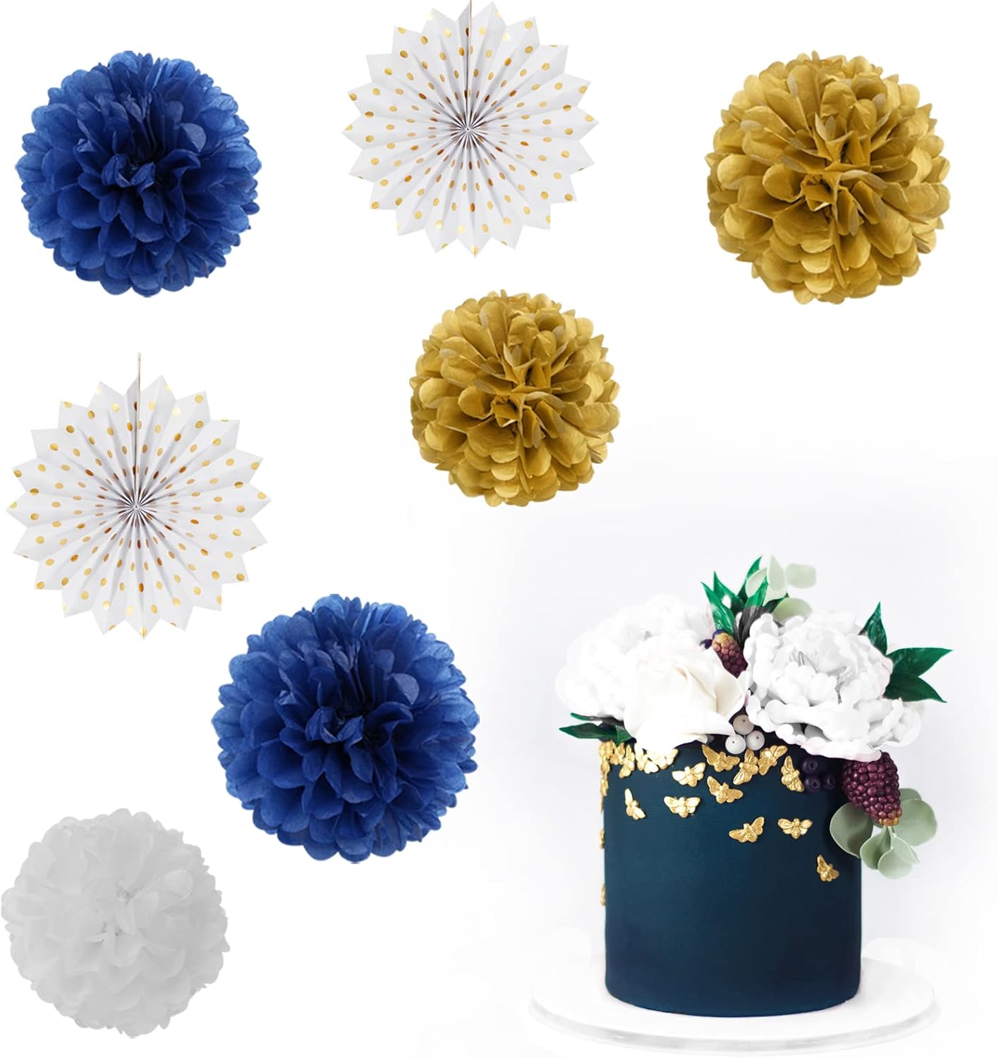 Navy-Blue White Gold Party Decorations - 14pcs Kits Paper Lanterns Fan,Tissue Flower Pom Poms Streamers,Honeycomb Balls,Graduation 2025 Men Birthday Wedding Baby Bridal Shower Decor Lasting Surprise - Image 4