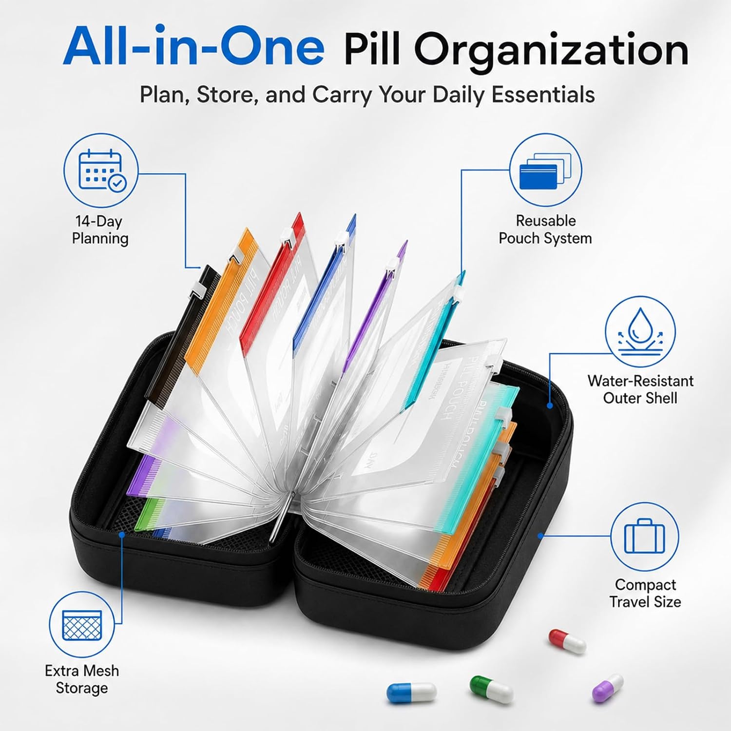 Travel Pill Organizer Waterproof Pill Pouches with A8 Binder Set 14 PCS L Size Clear Zipper Medicine Storage Bags with Labels Reusable Pill Holder Case for Vitamins Daily Use and Trips