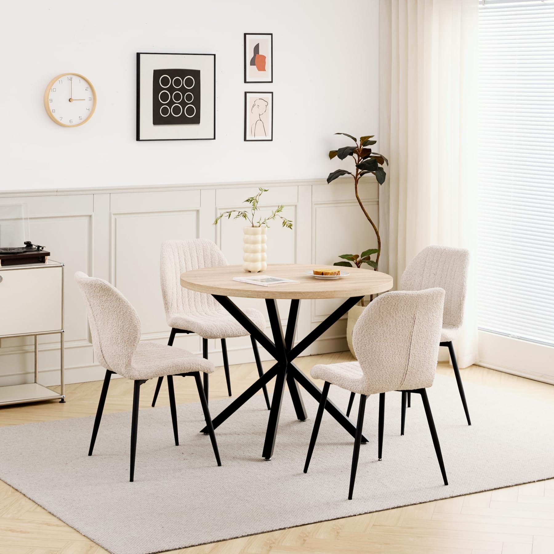 GrandCA HOME Ensemble Table et Chaises à Manger Ronde 100 cm 4 Chaises en Lin Modernes Claire Kaki