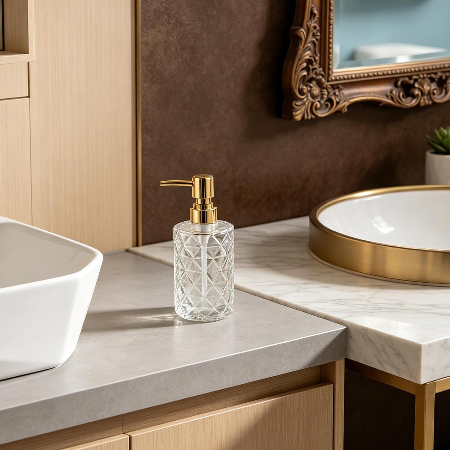2pcs Glass Shower Gel Dispenser Bottles with Pump, 350ml Refillable Diamond-Textured Soap Dispensers for Bathroom and Kitchen, Elegant Modern Design