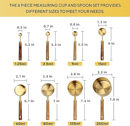 Miniatura 6 de Juego de tazas y cucharas medidoras Muchtolove de 8, taza medidora de acero inoxidable dorada con mango de madera, para Oro,Negro