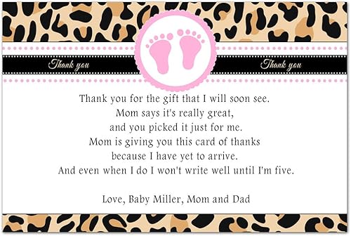 30 tarjetas de agradecimiento para Baby Shower de niña leopardo, color rosa huellas tarjetas papel fotográfico