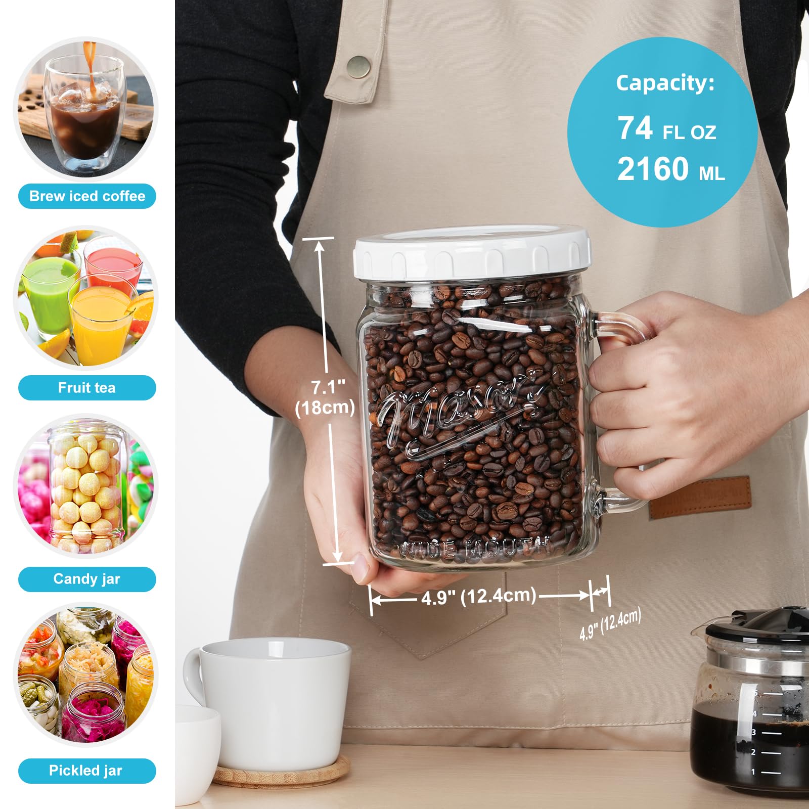Absovetu Mason Jars zestaw 2 kwadratowych słoików na przetwory z hermetyczną pokrywką, 2 litry, szerokie butelki szklane z uchwytem, słoiki