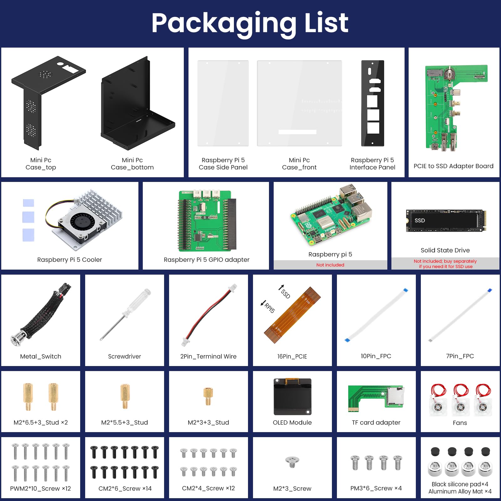 ELECROW Obudowa Mini PC dla Raspberry Pi 5: Obudowa aluminiowa z 3 wentylatorami chłodzącymi, 1,3" wyświetlacz OLED, obsługa PCIe M.2 NVMe SSD 2230/2242/2260/2280, RTC, pełny dostęp do portów