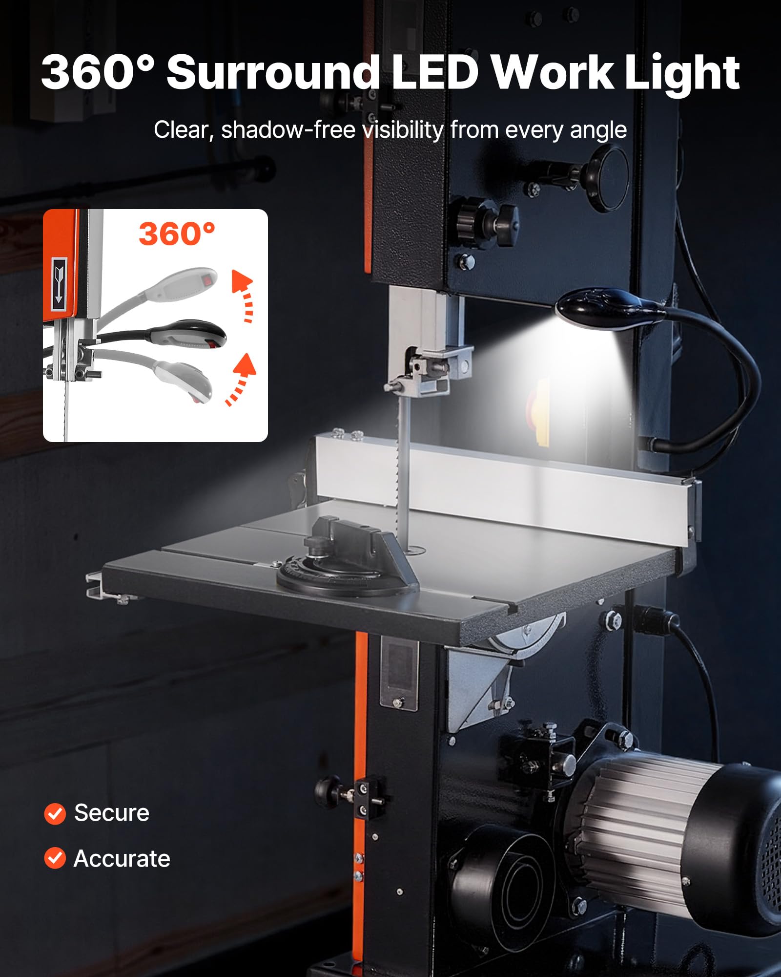 VEVOR Sierra de Cinta, Ancho de Corte de 254 mm, 2 Velocidades, Motor de 373 W, Altura de Corte de 160 mm, Mesa de Hierro Fundido de 335 x 340 mm, Luz de Trabajo de 360 Grados, para Carpintería