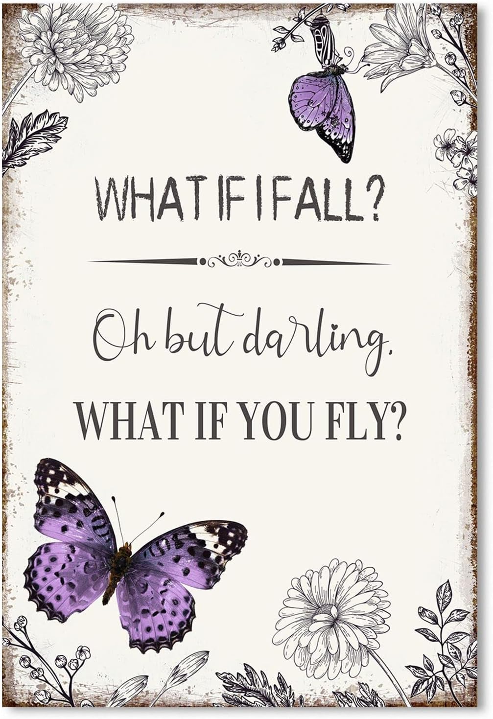 YPY Inspirational Quote Canvas Wall Art : Purple Butterfly Picture Motivational Framed Poster, What if I Fall Positive Sign for Teen Girl Bedroom 10″ x 15″