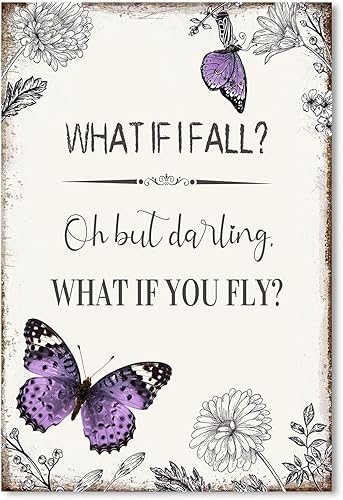 Miniatura 7 de YPY Lienzo con cita inspiradora para la pared póster enmarcado motivacional con diseño de mariposa rosa, letrero con texto en inglés "What if I Fall