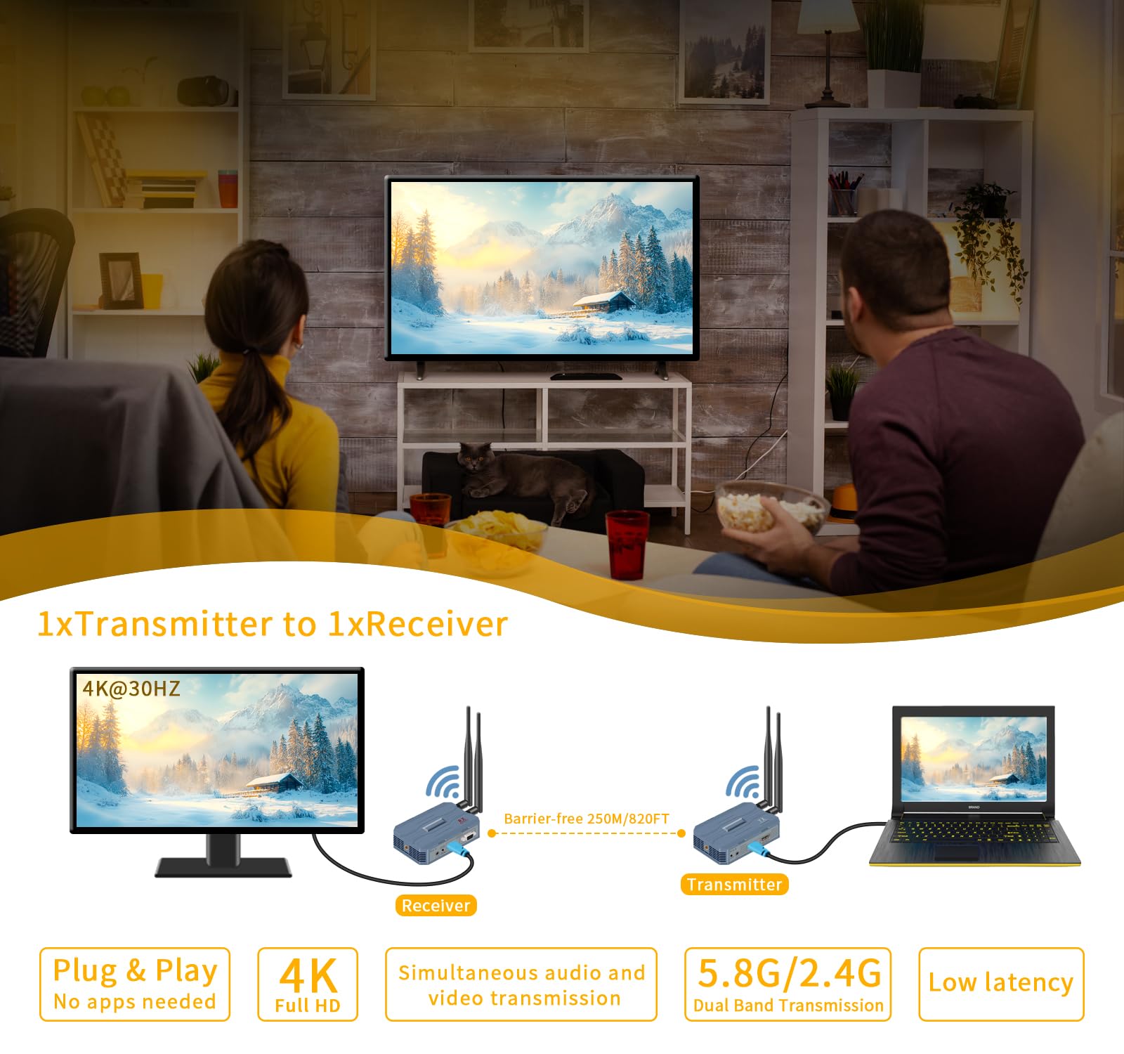 Kabelloser HDMI-Sender und -Empfänger | 4K 30HZ, HDMI Loop-Out, IR Extend, Dual Cooling Systems, 9 Kanäle