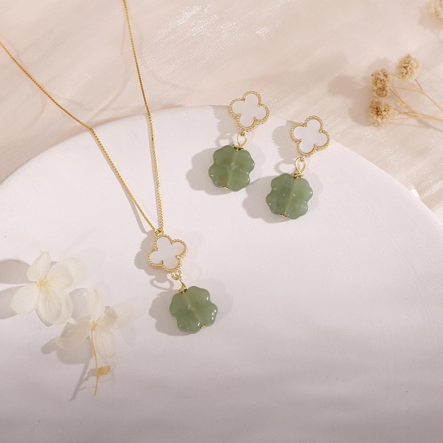 Green Natural Jade Earrings, Four Leaf Clover Jade Earrings for Women, Jade Jewelry for Women Lucky Gifts for Girls Women (925 Sterling Silver with Gold Plated)