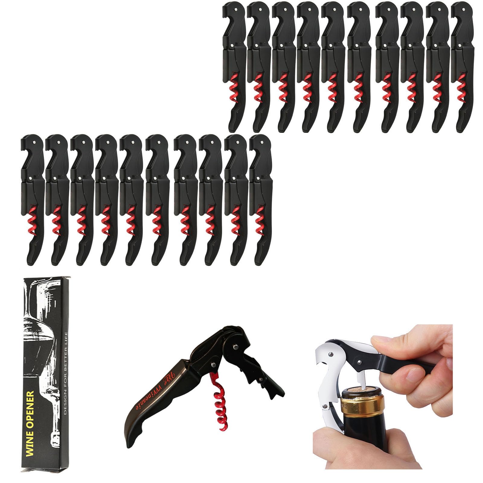 Abridor de Botellas de Vino,70G Engrosado Acero Inoxidable Doble Bisagras Llave con Lámina Cutte Para Camareros de Restaurante, Camarero Profesional Sacacorches Vino Abredores Conjunto (20, Rojo)