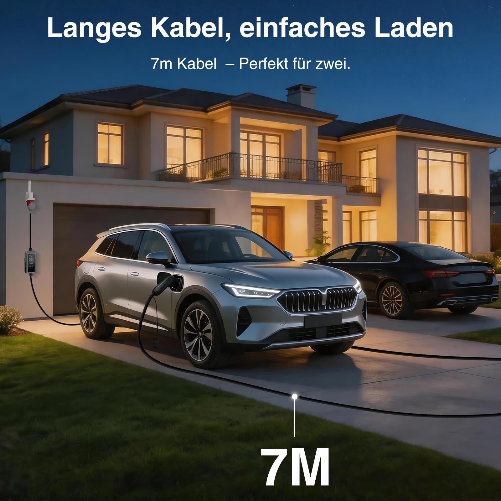 Mobile Wallbox 11kW mit Stromzähler 7m, 3-phasig, 8-16A, CEE 16A auf Typ 2 Ladekabel mit Einstellbarer Ladeleistung, für Allen EVs(IEC 62196-2) & PHEVS