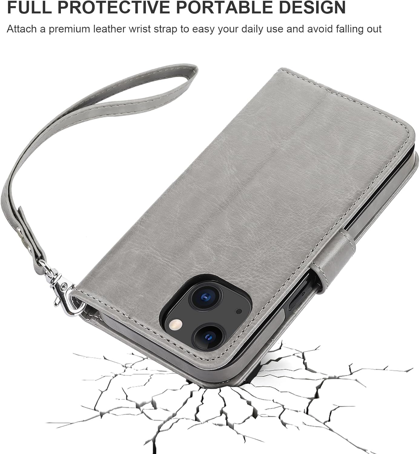 Bocasal for iPhone 13 Wallet Case Compatible with MagSafe Wireless Charging, RFID Blocking Magnetic Leather Case with Card Slots Holder Kickstand Detachable Wrist Strap 6.1 Inch (Grey)