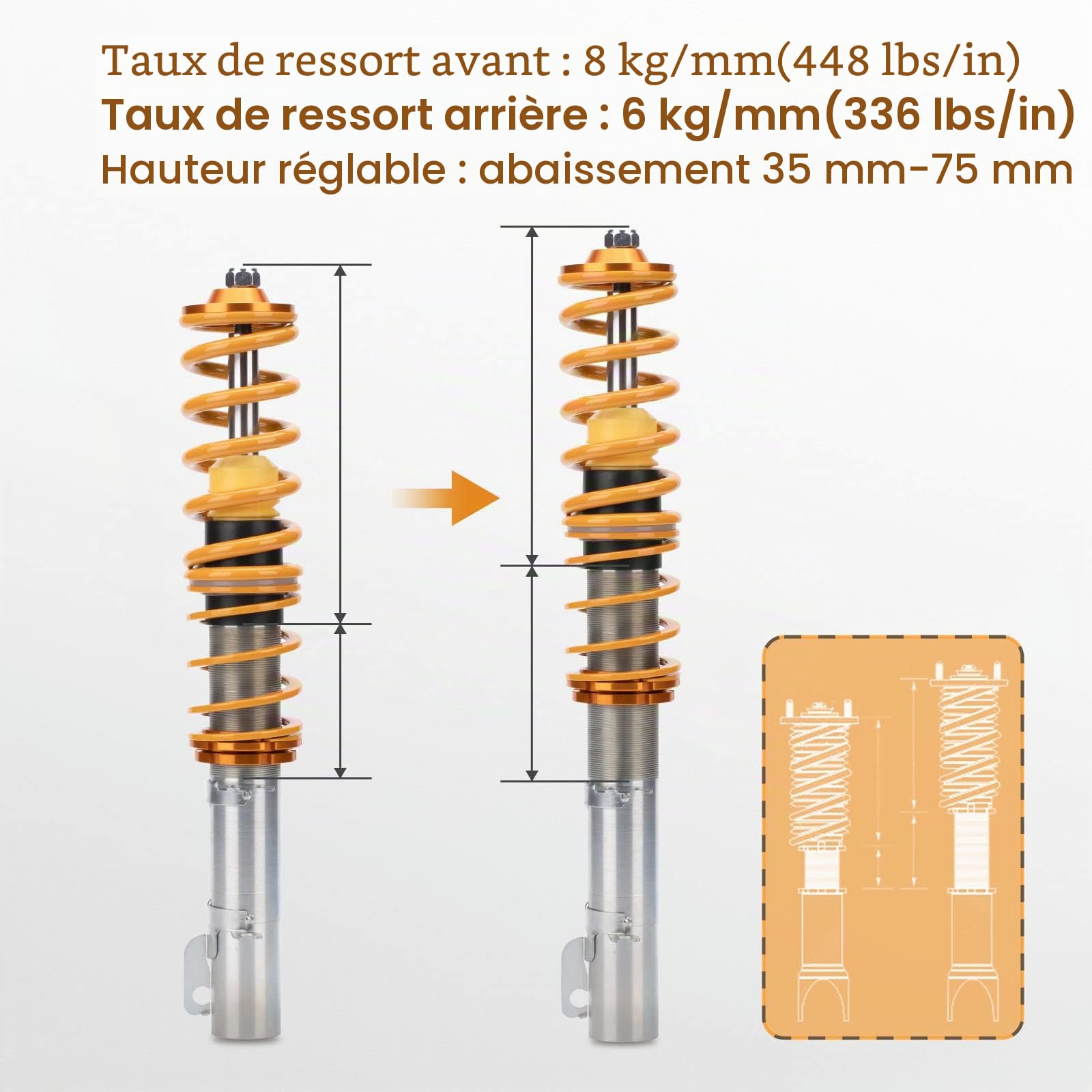 maXpeedingrods Coilover Combinés Filetés pour VW Golf/Leon/New Beetle 1.9TDI MK4, Kit de Ressorts de Suspension Amortisseurs Hauteur Réglable - Or