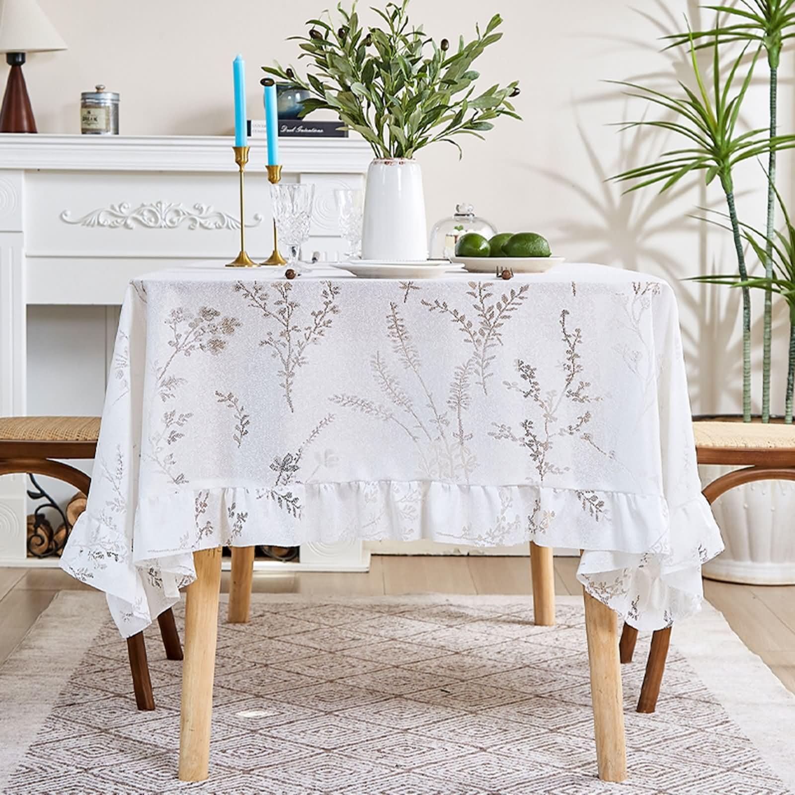 Mantel Lavable Rectangular Blanco, Patrón de Ramas de Encaje, de Poliéster Fácil de Limpiar, 132 x 259 cm, Mantel para Cocina