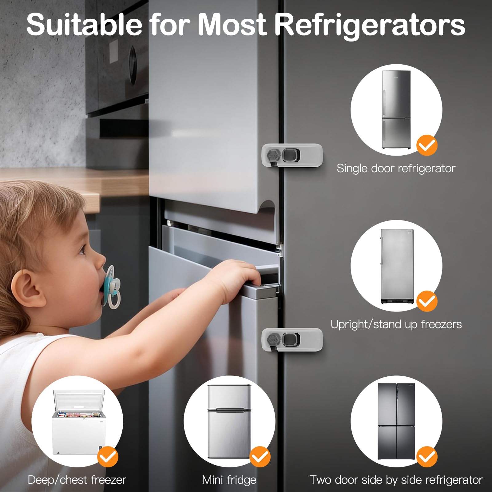 Cerradura de refrigerador a prueba de niños para padres/dueños de mascotas, paquete de 2 cerraduras de seguridad para bebés para niños, pestillo de congelador para mantener la puerta cerrada para