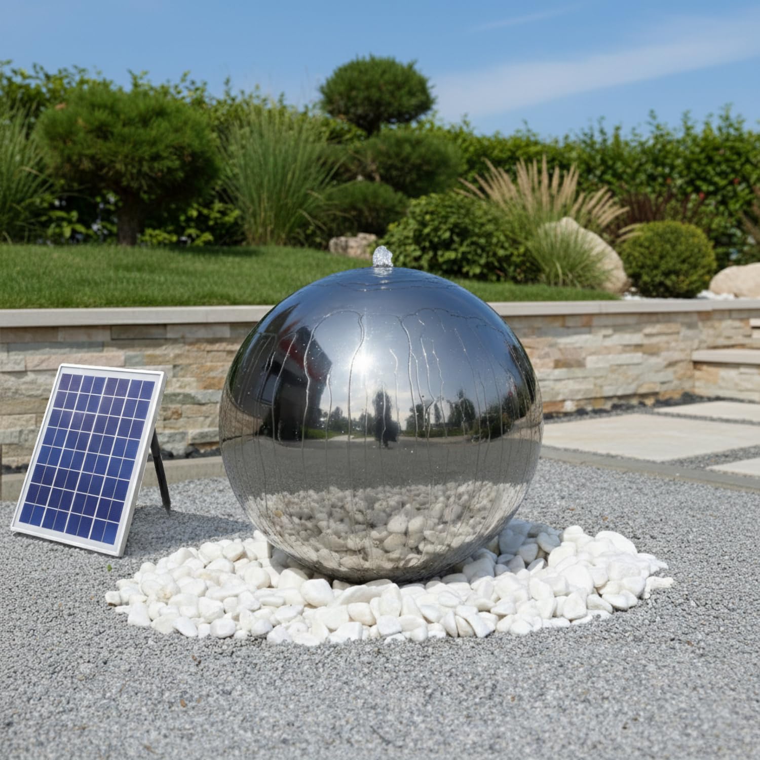 CLGarden Solar Gartenbrunnen für außen 48 cm Edelstahl Kugel poliert, Solarpumpe mit Akku & LED Beleuchtung, Springbrunnen