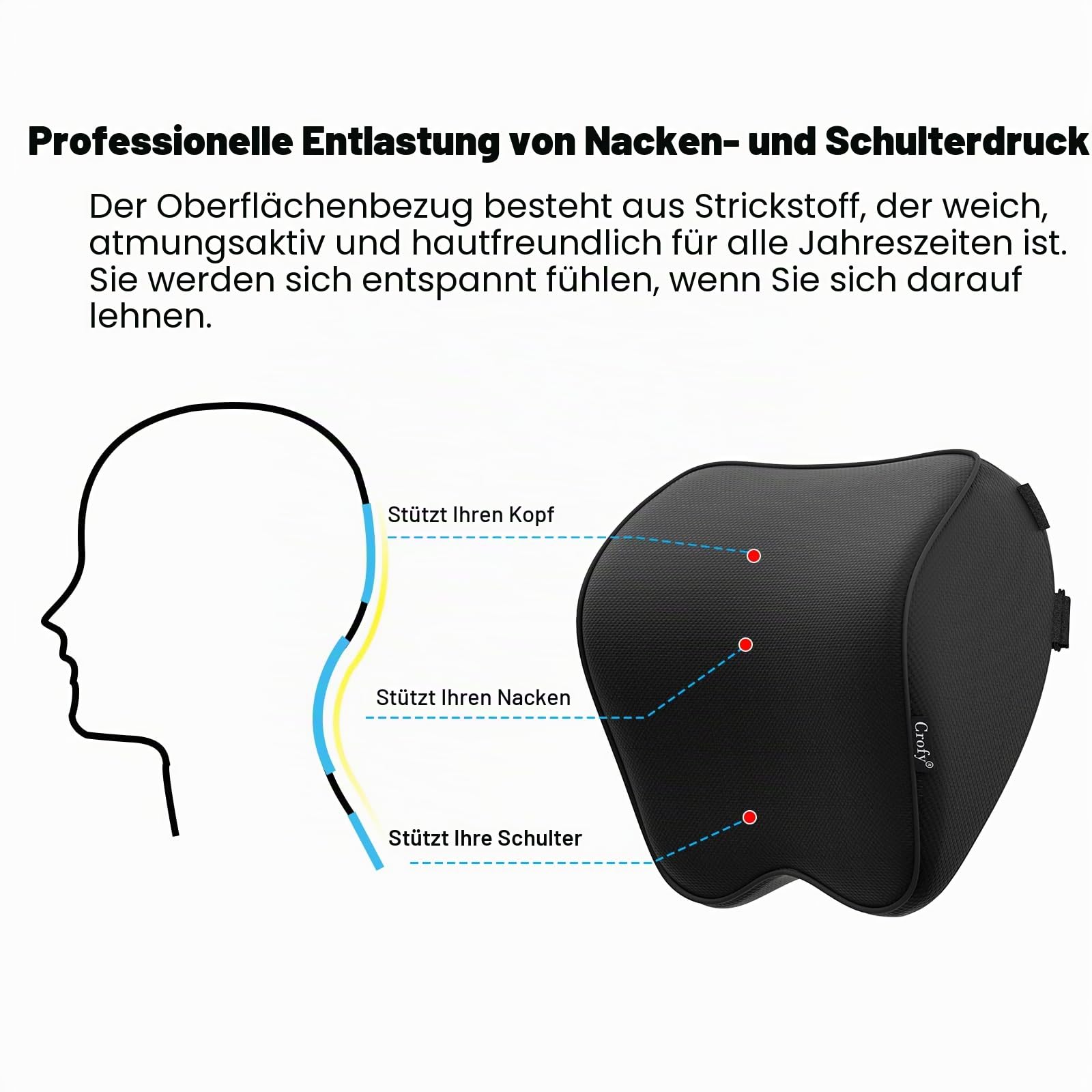 Crofy 2er-Set Autonackenkissen, weiche Autokopfkissen für die Autofahrt mit verstellbarem Gurt, 100% Memory-Schaum und atmungsaktive abnehmbare Hülle, Komfortables ergonomisches Design, Schwarz