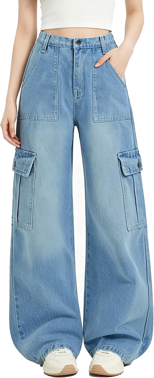 EXARUS Girls Jeans Cargo Denim Teen Hiking Pants Wide Leg Straight Baggy Elastic High Waistband Pockets Kids 8-14 Years