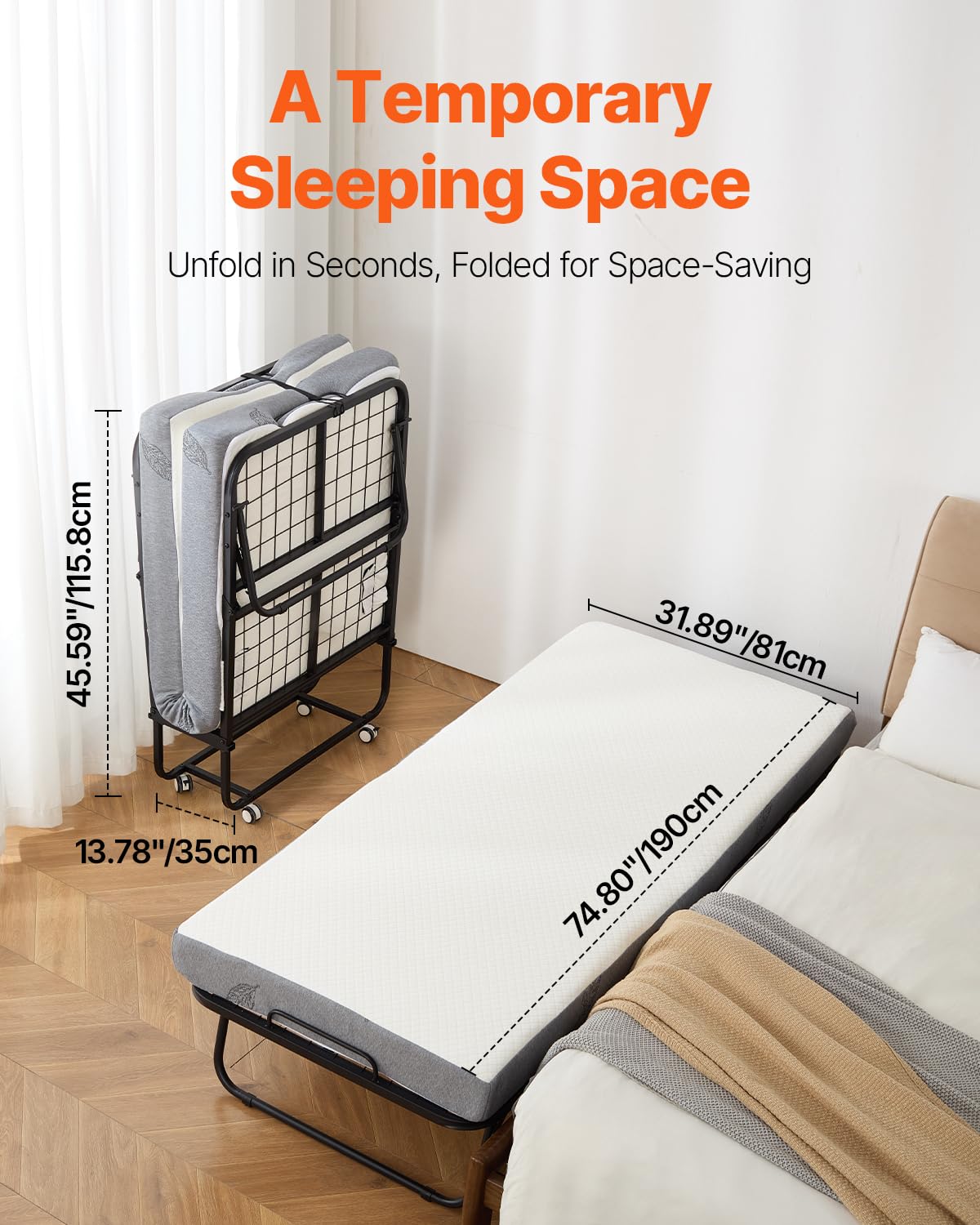 VEVOR, 810 x 1900 mm con Materasso 100 mm,Singolo con Robusta Struttura in Metallo e Materasso in Memory Foam, Singolo Portatile per Adulti, Ospite