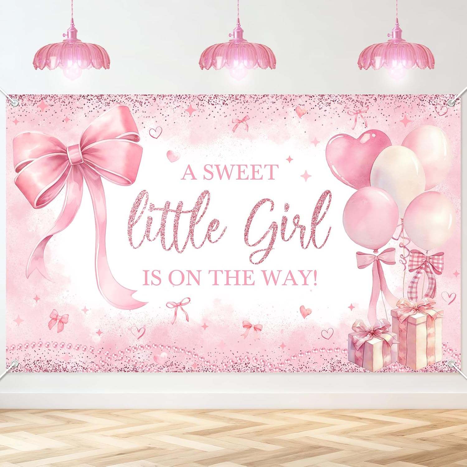 Avezano Pink Bow Baby Shower Banner Girl Baby Shower Party Decorations A Sweet Little Girl is on The Way Backdrop Coquette Pink Bow Theme Banner Photo Booth Props (6 x 3.6 ft)