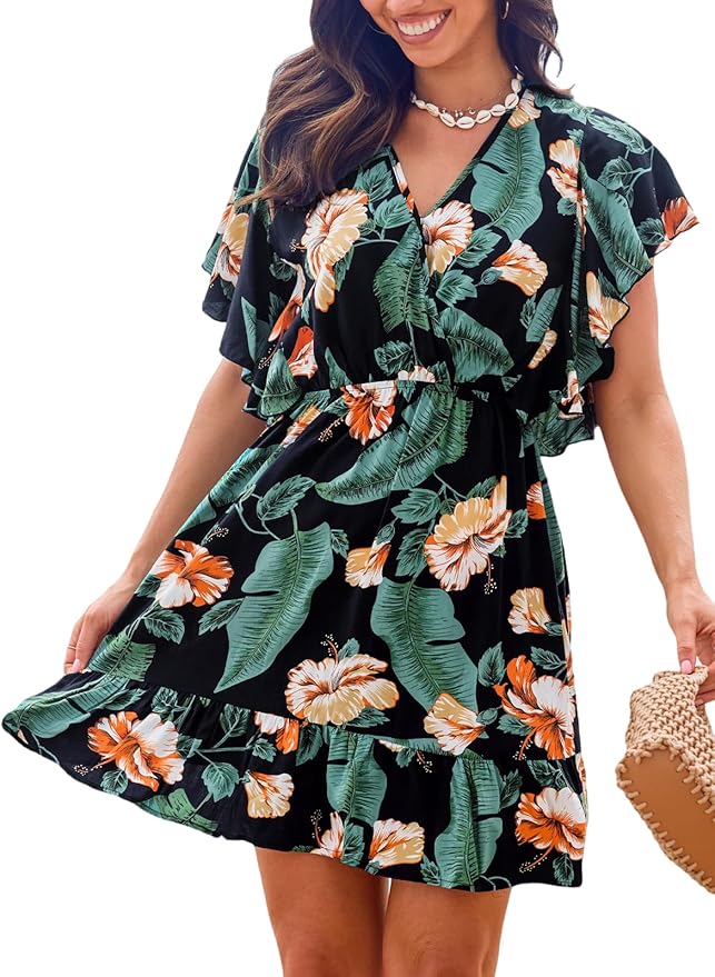 Abito Estivo CUPSHE Donna Con Scollo A V E Fiocco - Maniche Corte Con Volant, Tessuto Morbido 97% Poliestere 3% Spandex, Taglie S- XL - 3
