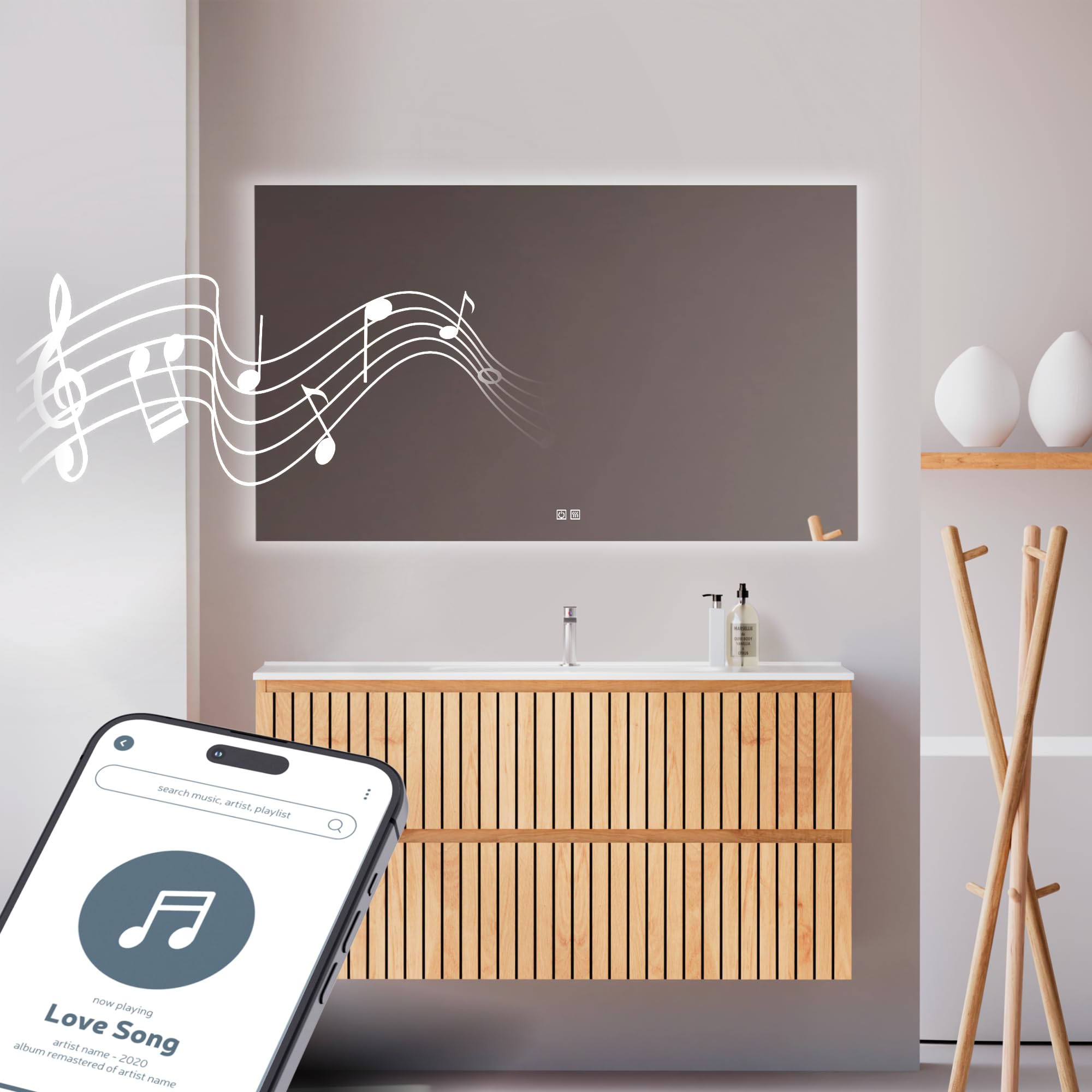 Espejo Bluetooth de Baño Rectangular 120 x 70 cm con Luz LED Regulable, Antivaho, Interruptor Táctil, Altavoces Integrados, Apagado Automático y Fácil Instalación