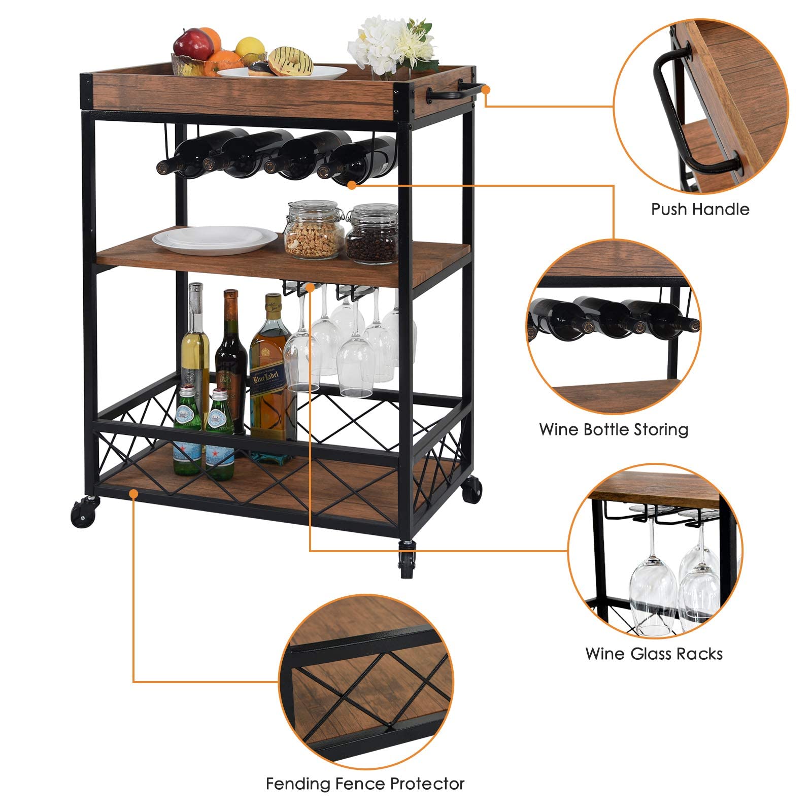 CHARAVECTOR Bar Cart Kitchen Bar&Serving Cart for Home with 3 Tier