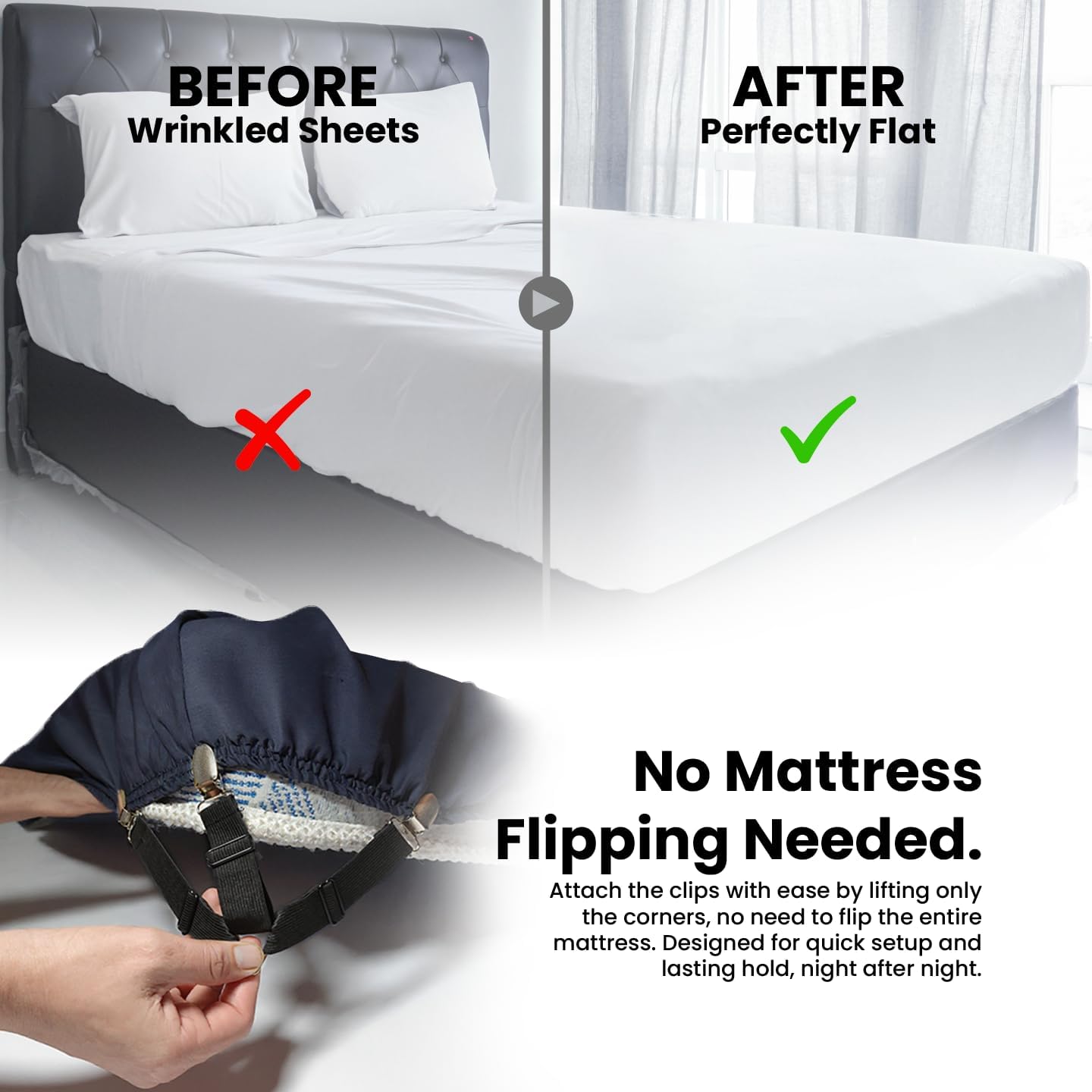Bed Sheet Holders(4 Pack) Durable Metal Core, Adjustable Steel Buckle, Strong Elastic & Soft-Pad Grippers. Keep in Place Fitted Bedding Straps for Any Mattress, Easy No-Lift Install