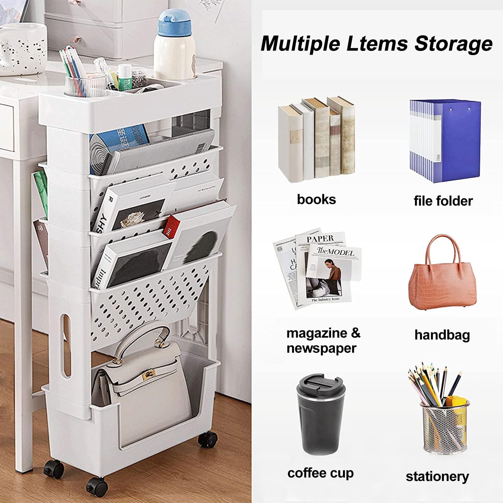 Carrito de libros con ruedas, estante de pie de 5 niveles, carrito rodante multiusos, carrito rodante, carrito móvil, carrito rodante, carrito rodante, ruedas de ahorro para cocina, oficina