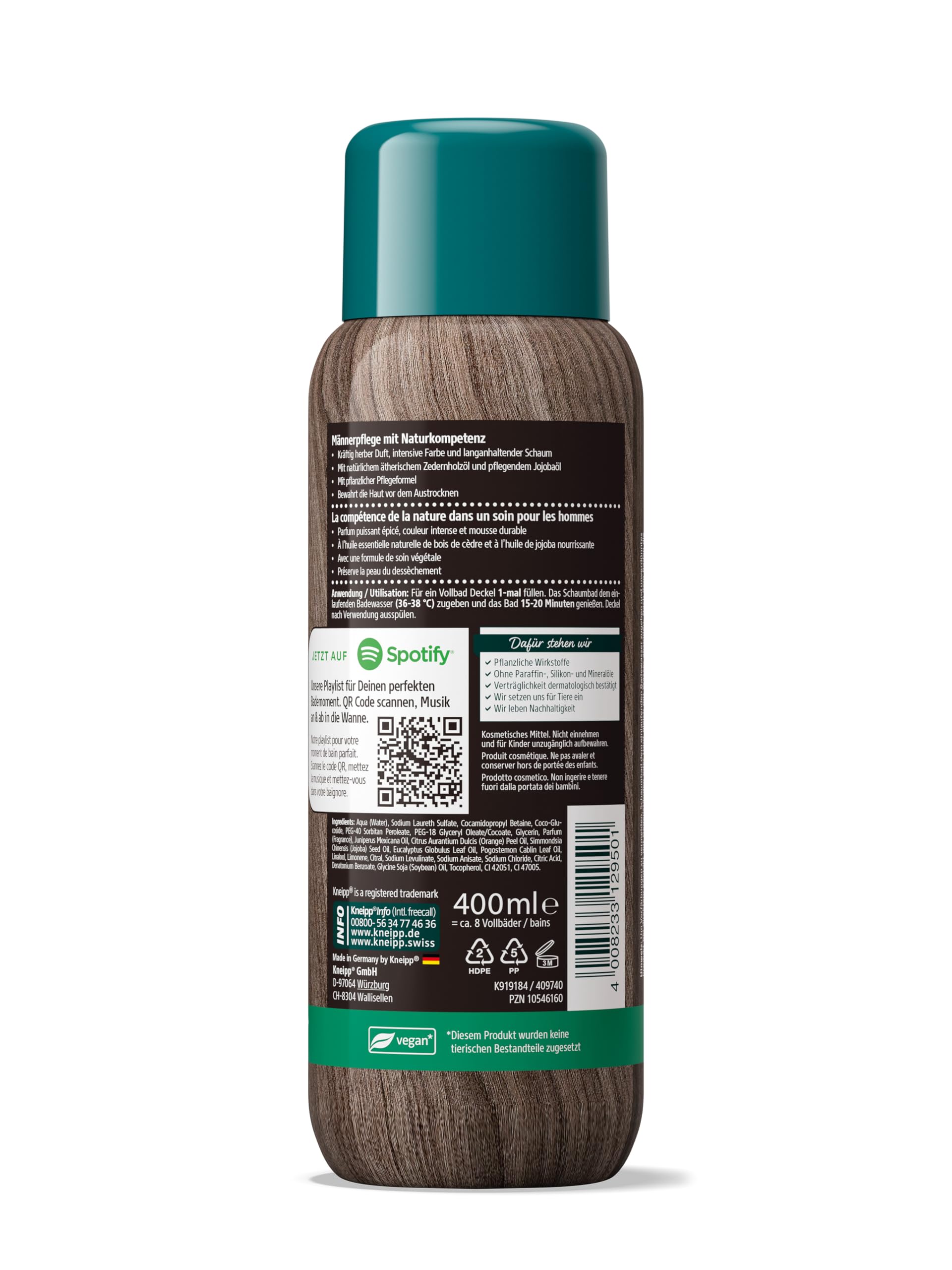 Kneipp Men Aromatyczna pianka do kąpieli dla mężczyzn – z naturalnym olejkiem eterycznym z drewna cedrowego i pielęgnującym olejkiem jojoba – bez mikroplastiku – 6 x 400 ml
