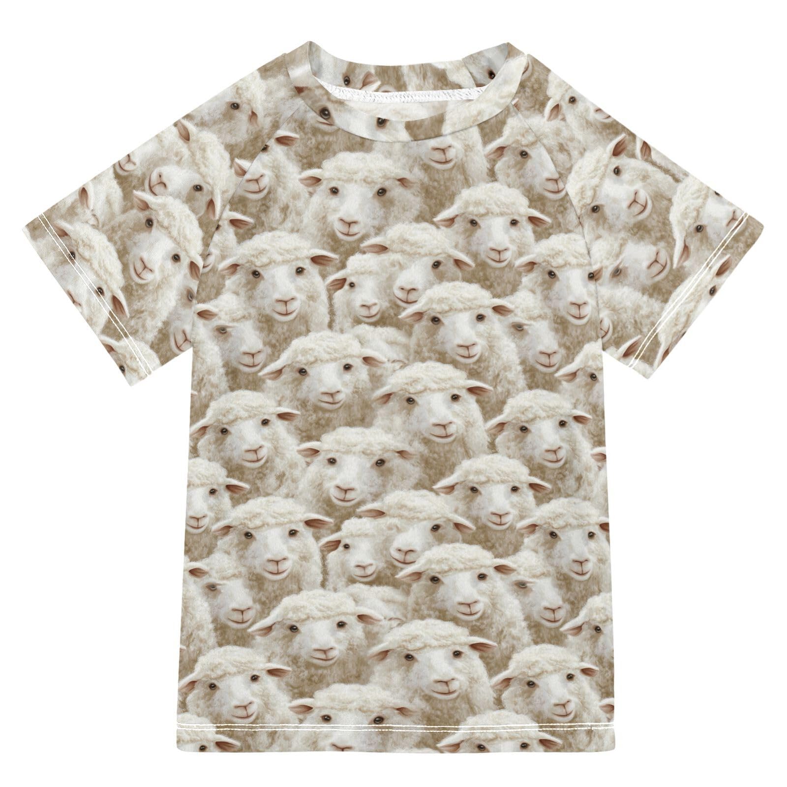 Kids Bathing Suit Short Sleeve Girl Rash Guard 7T Cartoon Sheep White