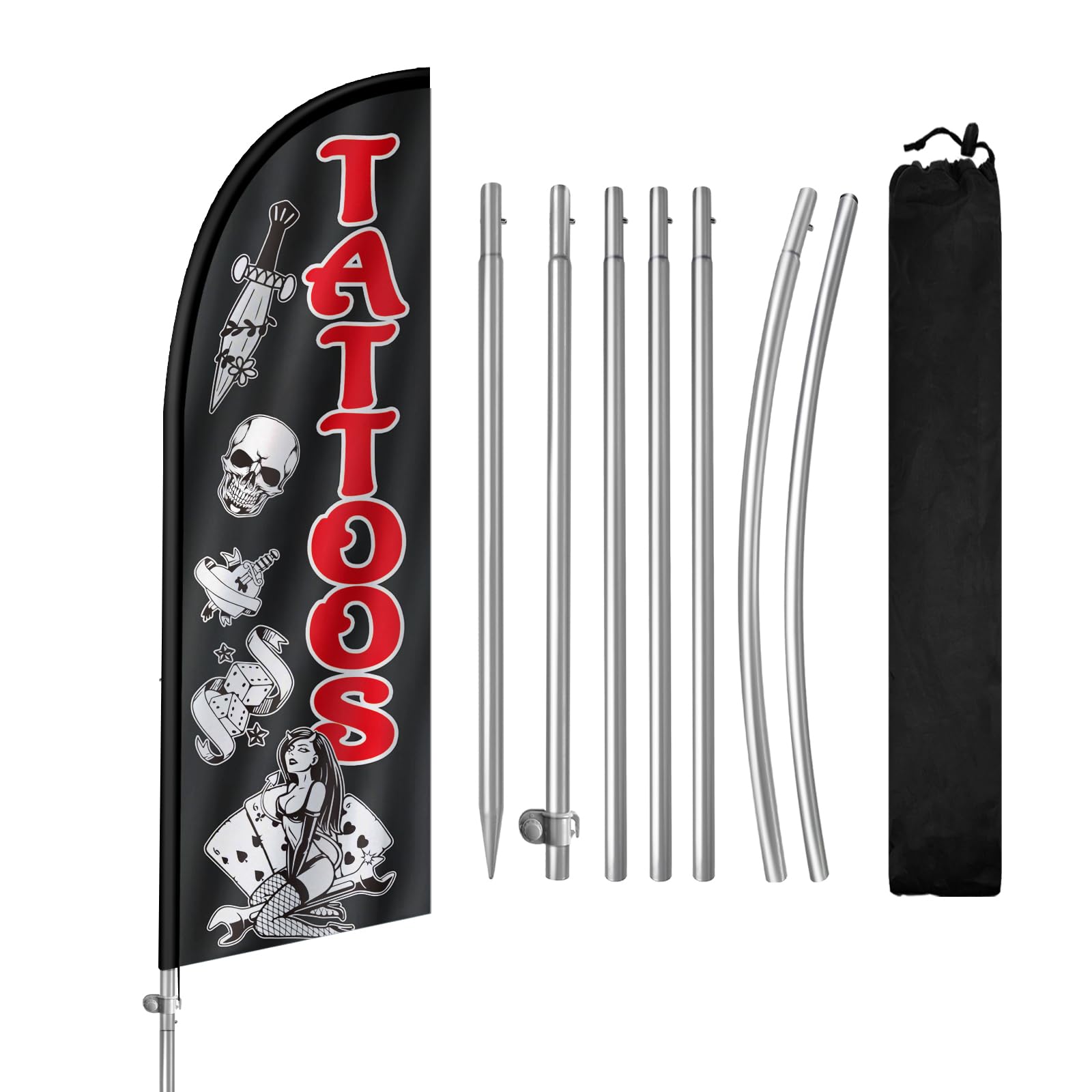 Tattoos Feather Flag,8FT Tattoos Advertising Flag with Stainless Steel Flagpole,Ground Spike,Tattoos Signs for Businesses and Storefronts