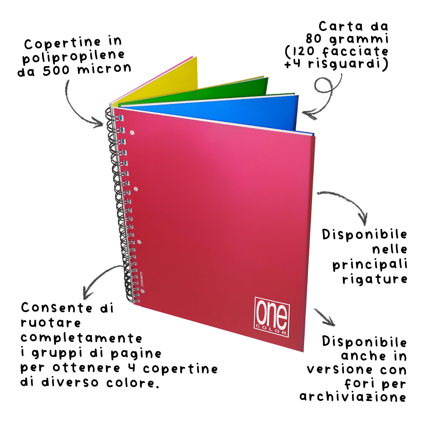 Blasetti - One Color 4x4 Notizblock, 4 Abschnitte für 4 Themen mit Farbwechsel, 120 Blatt, Spiralbindung - halb kariert 5M + halbe Lineatur 1R