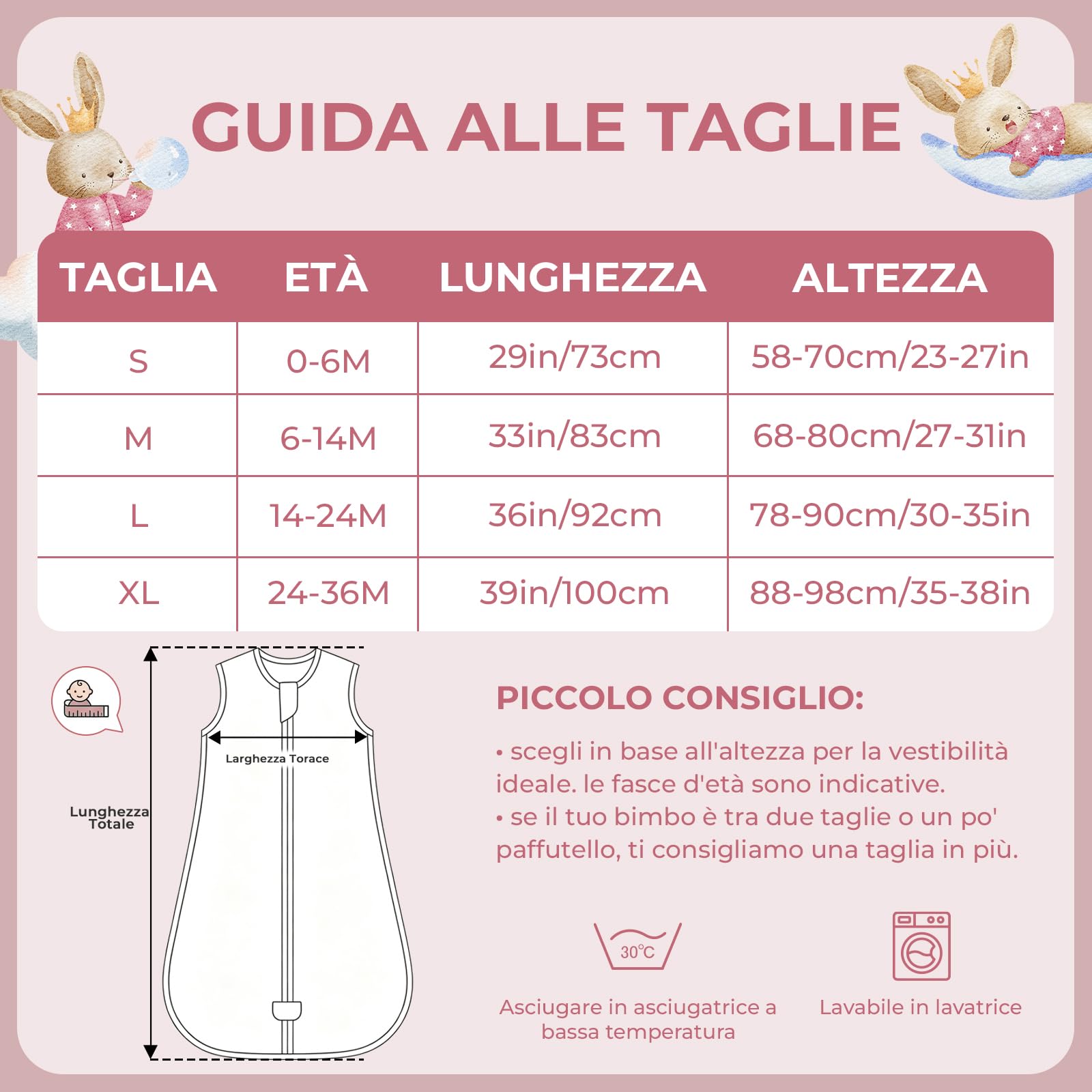 Confezione da 2 Sacchi Nanna Estivi per Bambini 0,5 Tog, Cotone Sacco Nanna Estivo per Bambini per Ragazzi e Ragazze, Motivo rosa: orsetto e coniglietto, 6-14 Mesi