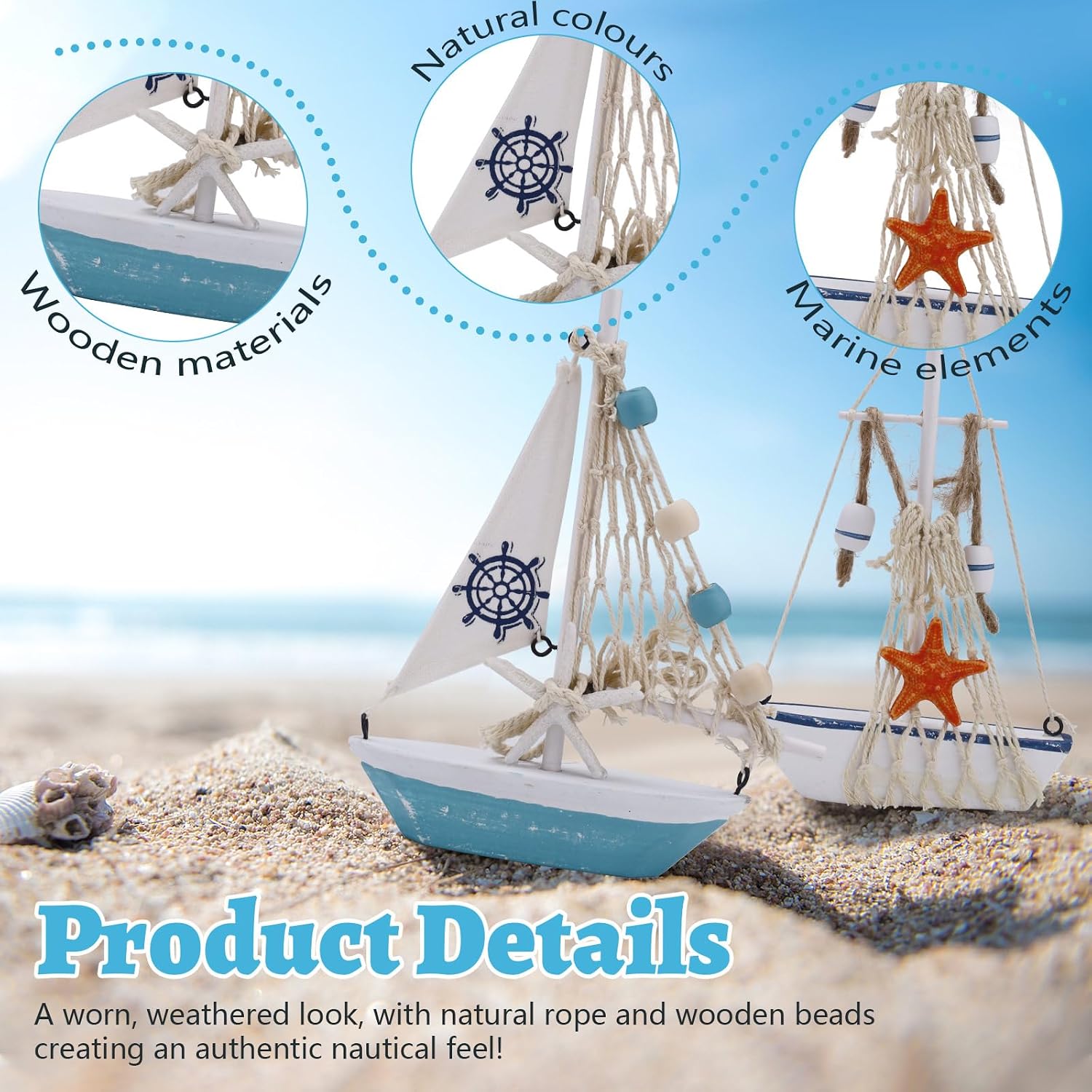 2 PCS Wooden Sailboat Decor, Mini Handcrafted Coastal Decor for Home, Miniature Sailing Boat Ornaments, Rustic Beach Bathroom Accessories for Bedroom (Blue)
